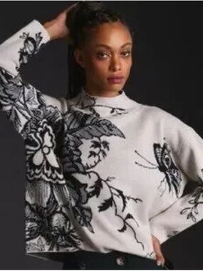 Anthropologie White Sweater with Black Floral & Butterfly Motif